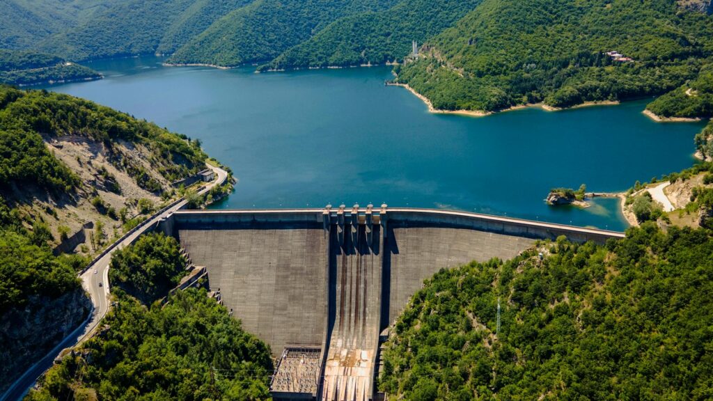 aerial view of the water dam in vacha reservoir bulgaria